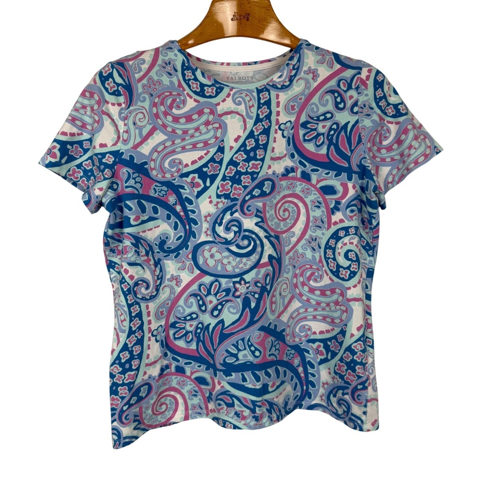 Talbots T-Shirt Paisley Print LP Blue Pink Cotton Spandex Stretch